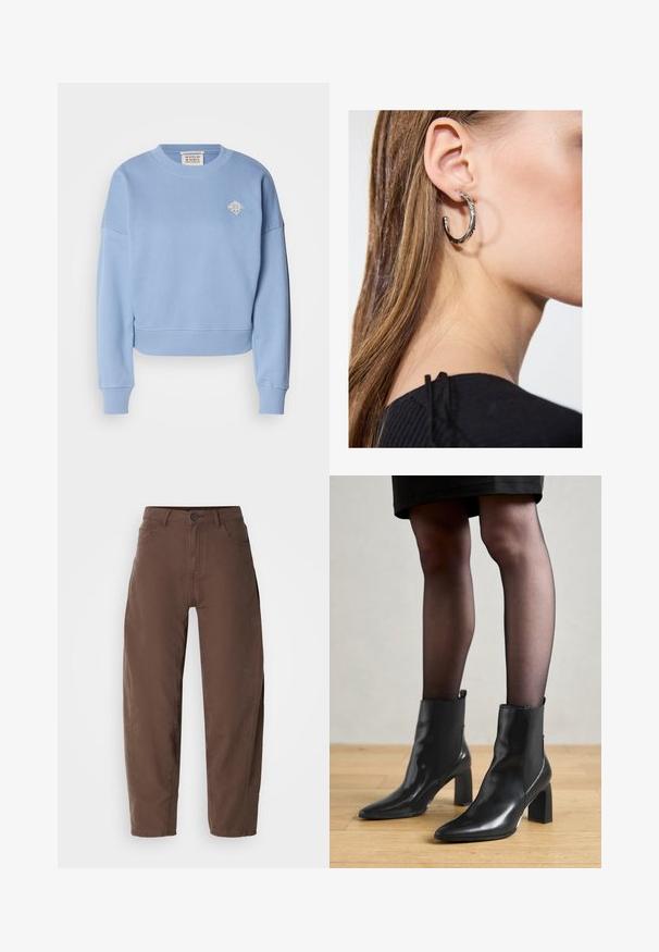 Sweatshirt scurt de colorare albastru deschis, fabricat din material moale. Prezintă un gât rotund, umeri lăsați și un mic design brodat pe piept.; Pantaloni drept bej, cu nasture și fermoar în față, cu bucle pentru curea și buzunare laterale, expuși pe un fundal alb.; Botine negre din piele, cu vârful ascuțit, toc pătrat masiv și un design elegant. Au panouri laterale elastice pentru o îmbrăcare ușoară.; Cercel din argint cu un finisaj polișat, având detalii mici din aur și o formă rotundă, purtat pe lobul urechii.