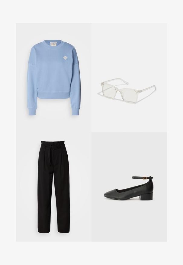 Sudadera recortada de color azul claro, hecha de material suave. Presenta un cuello redondo, hombros caídos y un pequeño diseño bordado en el pecho.; Pantalones negros de talle alto con pierna ancha, que presentan pliegues frontales y un cinturón de tela con hebilla circular. Textura suave y diseño a medida.; Zapato de tacón negro de cuero con punta afilada y tacón bajo cuadrado. Presenta una correa para el tobillo con una hebilla en tono dorado. Textura suave.; Gafas cuadradas de plástico transparente con lentes translúcidos, que cuentan con acentos dorados en las patillas para un detalle adicional.