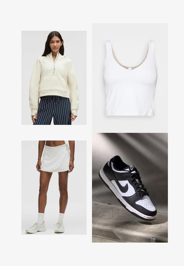 Kremo spalvos užtrauktukas su kišenėmis kangaroo, gumuotomis rankovėmis ir laisvu siluetu, derinamas su tamsiai mėlynomis ir baltomis dryžuotomis kelnėmis.; Balta trumpa palaidinė su apvaliu kaklu ir plačiomis petnešomis. Pagaminta iš lygios, tamprios medžiagos su smėlio spalvos pamušalu kaklo srityje.; Balta sportinė sijonas su įvyniojimo dizainu, pagamintas iš lygios medžiagos. Įrengtas šone su raišteliu, derinamas su šviesos spalvos sportbačiais ir kojinėmis.; Juoda ir balta Nike Dunk Low sportbačiai su odiniu viršumi, perforuotu pirštų dėklu ir juodomis raištelėmis, turintys baltą padą ir logotipo akcentus.