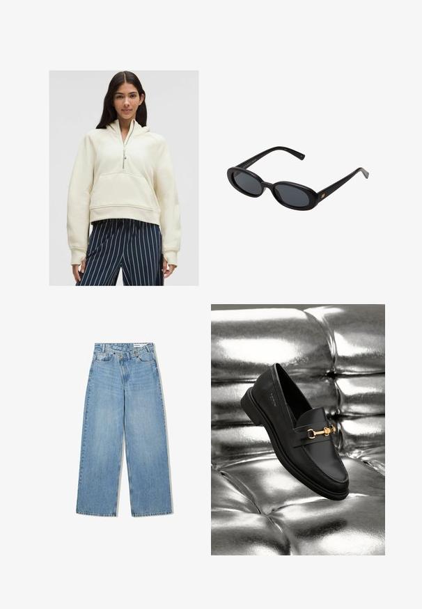 Kremna zip-up kapuca s kengurskim žepom, rebrastim rukavima i opuštenim krojem, u kombinaciji s plavim i bijelim prugastim hlačama.; Svetlo modri široki kavbojki iz denima, ki imajo visok pas, pet žepov, zapiranje na gumb in subtilno zbledelost za teksturo.; Črne usnjene loafers čevlje s podrobnostjo iz zlatega tona. Čevlj je oblikovan v elegantnem slogu in ima gladko, sijočo teksturo.; Črne oversize sončne očala z ovalnimi lečami, gladkim plastičnim okvirjem in zlatenimi detajli na templjih. Temne leče zagotavljajo zaščito pred soncem.
