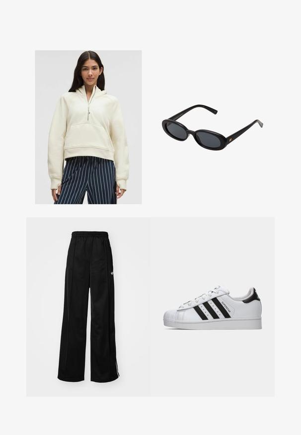 Felpa zip bianca con cappuccio e tasca a marsupio, polsini a costine e vestibilità comoda, abbinata a pantaloni a righe blu e bianche.; Pantaloni da tuta neri a gamba larga con vita elasticizzata, caratterizzati da strisce laterali bianche e un piccolo logo sull'anca sinistra. Tessuto liscio.; Sneaker Adidas Superstar bianca con strisce nere, punta a conchiglia e testo "Superstar" sul lato, mostrata in profilo sinistro su sfondo bianco.; Occhiali da sole neri oversize con lenti ovali, montatura in plastica liscia e accenti dorati sulle tempie. Le lenti scure offrono protezione dal sole.