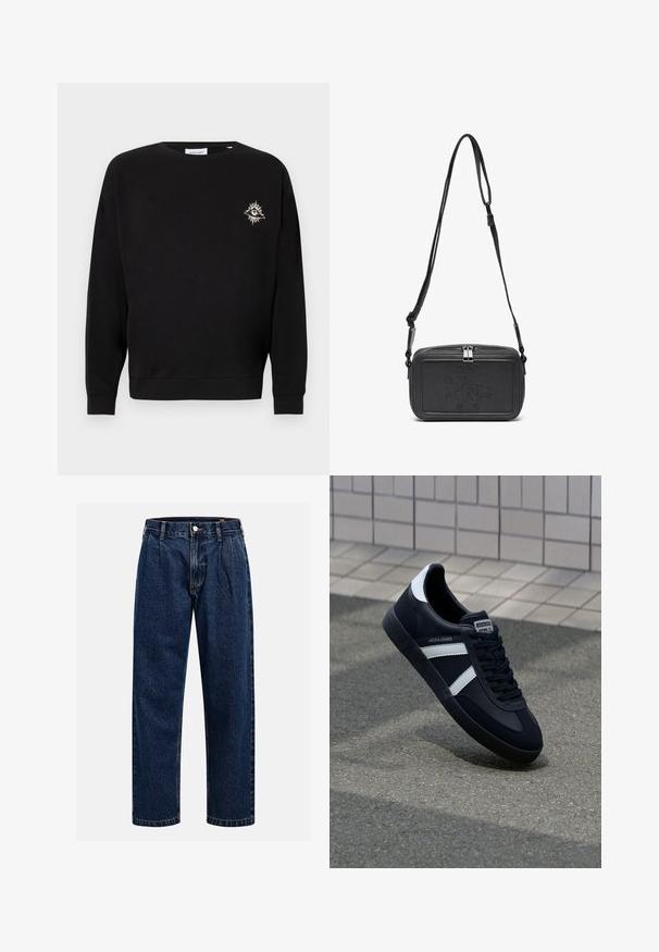 Černá mikina vyrobená z bavlny, s dlouhými rukávy, kulatým výstřihem, žebrovanými manžetami a malým vyšívaným slunečním designem na levé hrudi.; Tmavě modré džíny s rovnými nohavicemi. Mají viditelné švy, zapínání na knoflík a přední záhyby pro zvýraznění detailu.; Černé kožené tenisky s bílými pruhy, texturovanou gumovou podrážkou a šněrováním vpředu. Obsahují značenou etiketu na jazyku.; Černá kožená taška přes rameno s uzávěrem na zip, vyraženým logem na přední straně a nastavitelným popruhem. Hladký povrch s obdélníkovým tvarem.