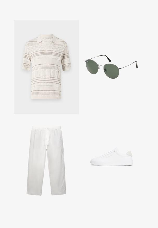 Strick-Polohemd mit kurzen Ärmeln in Beige mit hellbraunen horizontalen Streifen. Verfügt über einen kragenlosen Ausschnitt und ein strukturiertes Muster im gesamten Design.; Weiße Leinenhose mit elastischem Bund und Kordelzug, weitem Bein-Design und sauberen Nähten. Glatte Textur mit lässiger Passform.; Weiße Sneaker mit einem Obermaterial aus glattem Leder, runder Zehenpartie, flacher Sohle und minimalistischem Design. Verfügt über dezentes Branding und einen beigen Akzent an der Ferse.; Metallgestellte Sonnenbrille mit ovalen grünen Gläsern. Dünner silberner Metallrahmen und schwarze Ohrstücke. Minimalistisches Design, keine sichtbaren Logos.