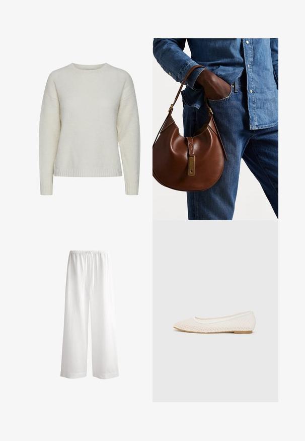 Cremfarbener Pullover aus weichem, strukturiertem Stoff. Mit Rundhalsausschnitt, überschnittenen Schultern und geripptem Saum.; Weißes Oberteil mit schulterfreien Details und drapiertem Stoff, kurze umgeschlagene Ärmel, kombiniert mit beigen, hoch taillierten, gefalteten Hosen.; Weiße Leinen-Hosen mit weitem Bein, elastischem Bund, Kordelzug und einem lockeren, fließenden Schnitt. Sie haben saubere Kanten und keine sichtbaren Muster.; Weiße flache Schuhe mit einem Netzdesign, spitz zulaufender Zehenpartie und einer niedrigen, flachen Sohle. Strukturiertes Obermaterial mit einem glatten Innenfutter und subtilen Kontrastakzenten.; Braune Leder-Hobo-Tasche mit runder Form, ausgestattet mit goldenen Hardware-Details und kontrastierenden Nähten. Kombiniert mit einem Jeanshemd und Jeans.