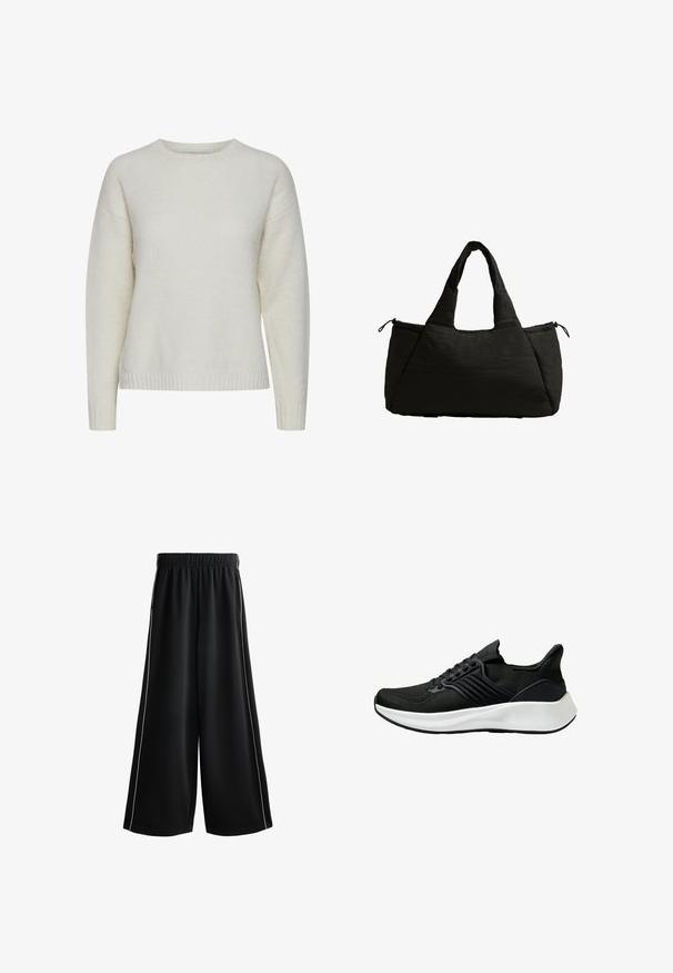 Krémový sveter vyrobený z jemnej, textúrovanej látky. Má okrúhly výstrih, spadnuté ramená a rebrovaný lem.; Čierne nohavice s širokými nohavicami a elastickým pásom, s bielym postranným lemovaním a hladkým, ľahkým materiálom. Ideálne na každodenné nosenie.; Čierna športová obuv s textúrovaným vrchným materiálom, viazaním a bielou medzipodrážkou. Vyznačuje sa nízkym profilom a zakriveným dizajnom podrážky.; Čierna taška cez rameno s nadýchavanou textúrou, vybavená dvojicou krátkych uch a bočnou vreckom zaisteným šnúrkou. Jednoduchý, uhlový dizajn.