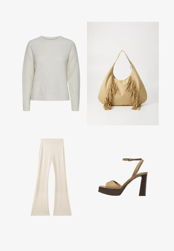 Cremefarvet sweater lavet af blødt, tekstureret stof. Har rund udskæring, sænkede skuldre og ribbet kant.; Bredde jeans i en lys beige farve, lavet af et glat, strækbart stof, med en bred talje og subtile lodrette sømme.; Beige ruskinds højhælede sandaler med en bred foranrem og ankelrem, der har en kraftig træblokhæls struktur.; Tan ruskind skuldertaske med en stor åbning og lange frynse detaljer på begge sider, kendetegnet ved en glat tekstur og et enkelt håndtag.