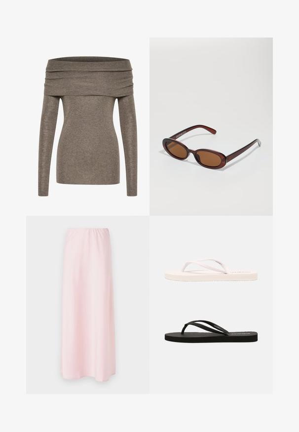 Õlavarre ülaosa pehmest, ribakonstruktsiooniga hall-pruunist kangast. Pika varrukaga, keha järgivate joontega ja laia volditud kaelusega, mis rõhutab siluetti.; Heledu roosa satiinist maksiskirt, millel on elastne vöökoht, sujuva tekstuuri ja lihtsa, voolava siluettiga.; Valged ja mustad kummist plätud tekstuursete talladega, õhukeste rihmadega ning kontrastsete värvidega. Igal paaril on lihtne disain ja minimaalsed brändingud.; Ümar, pruunikased päikeseprillid läikiva burgundia raami ja peente kaubamärgi detailidega. Peened sangad ja lame läätsedesain.; Pruun kott, mis on valmistatud siledast materjalist, millel on suur eesmine tasku, kaks kätet ja lihtsustatud, struktureeritud disain.