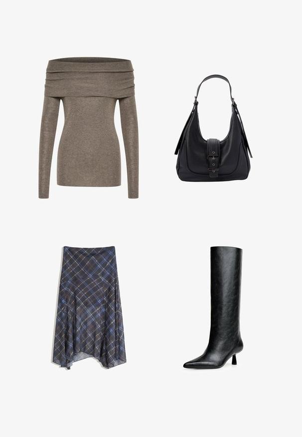 Top off-shoulder dintr-un material moale, ribbed, gri-maro. Mâneci lungi, design ajustat și un decolteu lat pliat accentuează silueta.; Fustă în carouri negre cu linii albastre și maro, cu un design fluid, de lungime medie, realizată dintr-un material ușor cu o textură netedă.; Botă neagră până la genunchi fabricată din piele texturată. Prezintă un vârf ascuțit și un toc mic, evazat. Design elegant, neted, cu accente minime.; Geantă de umăr din piele neagră cu un finisaj texturat, curea lată și închidere cu tab care are o cataramă rectangulară și accente metalice.