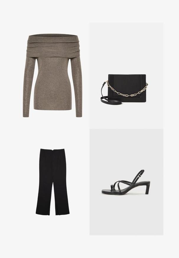 Off-shoulder majica v mehki, rebrasti sivorjavi tkanini. Dolgi rokavi, prilega zasnova in širok zložen izrez poudarjajo silhueto.; Črne hlače ravnega kroja z naglavnimi žepi in stranskimi razporki na robu. Narejene iz mehke, gladke tkanine. Primerne za različne priložnosti.; Črne natikače s trakovi in kvadratnim prstom ter nizkim blokastim peto. Imajo več tankih trakov in nastavljiv trak okoli gležnja. Narejene so iz gladkega usnja.; Črna usnjena torba čez ramo z gladko teksturo, pravokotno obliko in kovinskim verižnim detajlom spredaj. Vključena je nastavljiva naramnica.