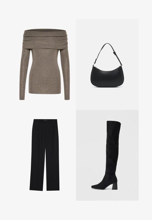 Off-shoulder top in a soft, ribbed gray-brown fabric. Long sleeves, fitted design, and a wide folded neckline accentuate the silhouette.; Black trousers with a straight-leg design, featuring two front pockets and a waistband. Made from a smooth, lightweight fabric.; Black suede knee-high boot with block heel, pointed toe, and smooth, seamless design on a plain light background.; Pieces PCALUANA SHOULDER BAG - Handbag - black