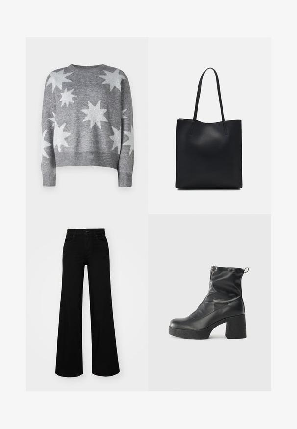 Grauer gestrickter Pullover mit weißen Sternmustern, rundem Ausschnitt und gerippten Bündchen und Saum. Kürzeres Design mit weichem Griff.; Schwarze weit geschnittene Hose aus Denim, mit einem strukturierten Bund, Gürtelschlaufen und Fronttaschen. Glatte Textur mit klassischem Design.; Schwarze Stiefeletten aus glattem Leder mit seitlichem Reißverschluss, klobigem strukturiertem Absatz und runder Zehenform.; Schwarze Laptoptasche aus Leder mit glatter Textur, rechteckiger Form und zwei langen Griffen. Keine sichtbaren Beschläge oder Verzierungen.