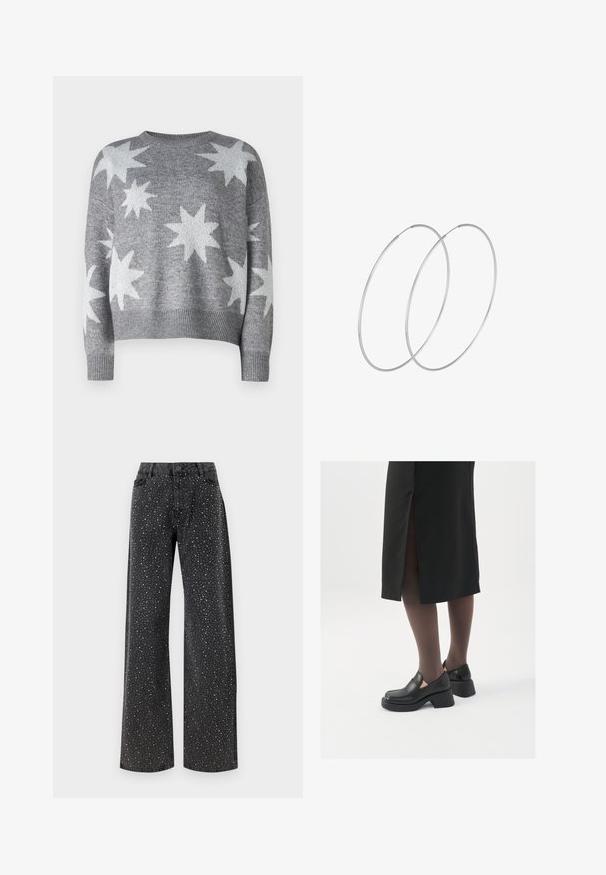 Sivkasto pleteno pulover s belimi zvezdnimi vzorci, zaobljenim ovratnikom in rebrastimi manšeti ter robom. Skrajšana zasnova z mehko teksturo.; Noisy May NMJANNEL LOOSE - Široke kavbojke - black denim; Črne usnjene čevlje s zaobljenim prstom, debelim blokastim petama in elastičnimi stranskimi detajli, v kombinaciji s temno nogavicami in črno krilo z razporkom.; Srebrne uhane v obliki obroča z minimalističnim dizajnom. Krožna oblika, gladka tekstura in tanek profil. Lahki s poliranim zaključkom.