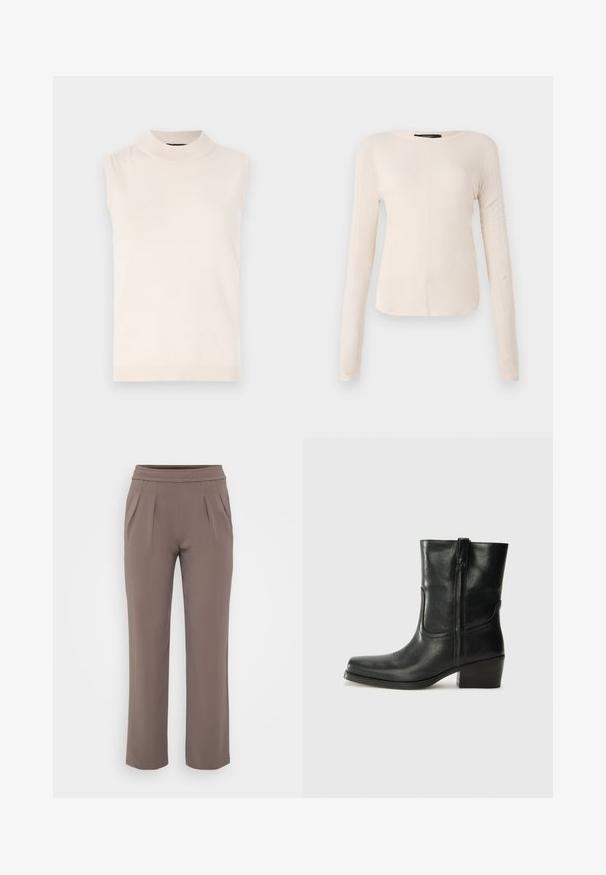 Bežinės spalvos be rankovių megztinis su aukšta apykakle ir banguotu apvadu. Minkštas tekstūros ir prigludęs dizainas, tinkamas sluoksniavimui arba dėvėjimui atskirai.; Ilgesnių rankovių, šviesiai bežinis viršus su apvaliu iškirpimu. Pagamintas iš minkštos medžiagos, turi centrinę siūlę ir šiek tiek kreivą apatinių kraštų liniją. Matomų detalių nėra.; Smėlinės laisvo kirpimo kelnės su elastinga juosmens juostele ir priekine klostele, pagamintos iš lygaus audinio.; Juodi odiniai aulinukai iki kulkšnies su apvali nosimi, blokuotais kulnais, šonine užtrauktuku ir siuvimo akcentais ant viršutinės dalies. Lygi tekstūra, klasikinis dizainas.