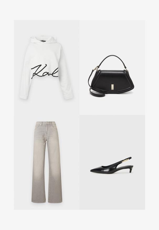 White cropped hoodie in soft fabric featuring long sleeves and a black script logo across the front. Smooth texture with a relaxed fit.; Gray wide-leg jeans with a faded finish, button closure, five-pocket design, and stitched detailing along the seams.; Black leather slingback heels with a pointed toe, featuring a slim heel and a gold-tone accent on the adjustable strap. Smooth texture.; Black leather handbag with a structured design, featuring a cropped shape, top handle, and gold hardware accent. Adjustable shoulder strap included.