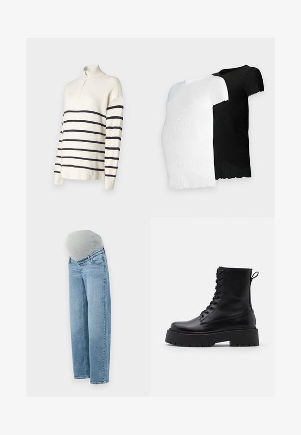 Suéter crema con rayas horizontales negras, cuello con cremallera, textura acanalada y corte relajado. Mangas largas con diseño de hombro caído.; Dos camisetas de manga corta de canalé, una en blanco y la otra en negro, con un dobladillo ondulado y un diseño ajustado.; Jeans de maternidad con un lavado azul claro, ajuste relajado y banda elástica gris en la cintura para mayor comodidad y flexibilidad durante el embarazo.; Botas de cuero negras hasta el tobillo con punta redonda, cordones en la parte delantera y una suela de goma gruesa con un dibujo texturizado. Tirador en la parte trasera.