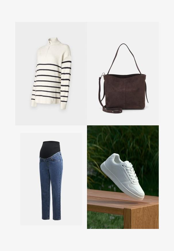 Kermainen neulepaita, jossa on mustia vaakaraitoja, vetoketjukaulus, ribattua pintaa ja rento malli. Pitkät hihat, joissa on pudotettu hartiasuunnittelu.; Äitiysfarkut, joissa on siniset denimlahkeet ja musta joustava vatsapaneeli, joka on suunniteltu tukemaan ja peittämään kasvavaa vatsaa.; Valkoiset tennarit, joissa on sileä synteettinen päällinen, rei'itetty varvasosa, litteät nauhat ja teksturoitu pohja, esillä puupinnalla.; Ruskea mokkanahkainen kassi, jonka pinta on pehmeä. Kassissa on yksi olkahihna ja hienovarainen, kaareva yläaukeama. Ei näkyviä metalliosia.