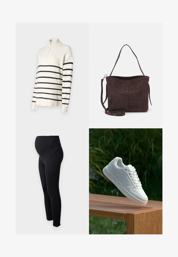 Krémový svetr s černými horizontálními pruhy, se zipem u krku, vroubkovanou strukturou a volným střihem. Dlouhé rukávy s kleslým designem ramen.; Černé těhotenské legíny s vysokým pasem, vyrobené z elastického materiálu. Mají hladký povrch a přiléhavý střih pro pohodlí.; Bílé tenisky s hladkým syntetickým svrškem, perforovanou špičkou, plochými tkaničkami a texturovanou podrážkou, vystavené na dřevěném povrchu.; Hnědá semišová taška přes rameno s jemnou texturou, vybavená jedním popruhem na rameno a decentním zakřiveným horním otvorem. Žádné viditelné detaily z hardware.