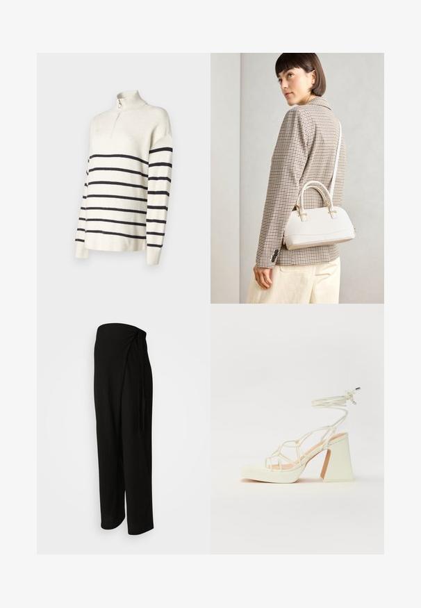 Kreemivärvi kampsun, millel on mustad horisontaalsed triibud, lukuga kaelus, ribakujuline tekstuur ja mugav lõige. Pikad varrukad koos langenud õla kujundusega.; Mustad, laiad püksid, mis on valmistatud kergest, tekstuurist kangast; omadused on keeratud disain ja lipsuga aktsent vööl.; Valged kõrge kontsaga sandaalid, millel on paks konts ja rihmadega disain koos pahkluu sidumisega. Sile tekstuur ja platvorm ees, et lisada kõrgust.; Valge struktureeritud käekott lühikeste käepidemete ja õlavööga, millel on kuldse riistvara aktsendid ja tekstuuriga materjal, eksponeeritud halli taustal.