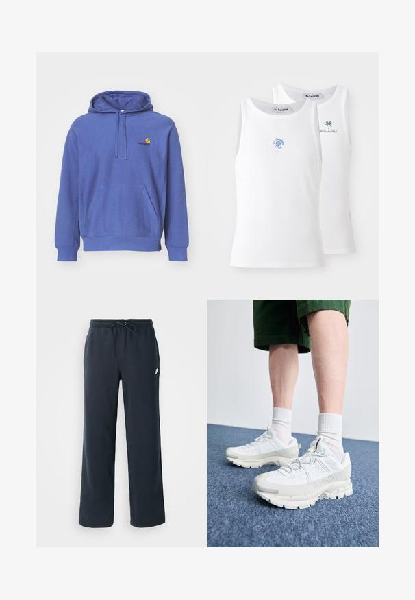 Sininen puuvillaneule, jossa on etutasku, säätönyörillä varustettu huppu ja pieni brodeerattu logo rinnassa. Pehmeä pinta ja rento istuvuus.; Kaksi valkoista toppia, jossa on ribbitettu pinta, ja joissa on siniset ja vihreät brodeeratut logot. Toisessa on auringon muotoilu, toisessa palmu.; Tummansiniset hupparit, joissa on joustava vyötärö ja nauha. Valmistettu pehmeästä kankaasta, jossa on pieni valkoinen logo vasemmassa lantiossa.; Valkoiset urheilukengät, joissa on tekstuuriset päällysteet, paksu pohja ja harmaat yksityiskohdat. Yhdistetty valkoisiin putkisukkiin ja vihreisiin shortseihin sinisellä pinnalla.