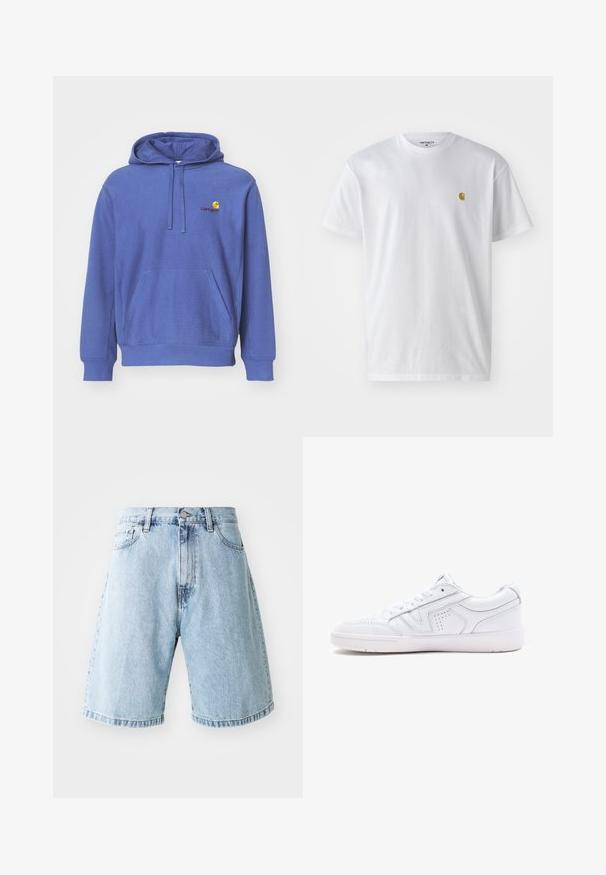 Blauwe katoenen hoodie met een voorzak, verstelbare trekkoordcapuchon en een klein geborduurd logo op de borst. Zachte textuur en casual pasvorm.; Witte katoenen t-shirt met korte mouwen en ronde hals, voorzien van een klein gouden logo op de linkerkant van de borst. Zachte textuur en een normale pasvorm.; Lichtblauwe spijkerbroekshorts met een relaxte pasvorm, voorzien van een tailleband met een knoop, voorzakken en omgeslagen randen aan de zoom. Klassieke spijkerstof.; Witte leren sneaker met een laag ontwerp, ronde neus, perforaties en een gestructureerde zool. Veters en subtiele stiksels zijn inbegrepen.