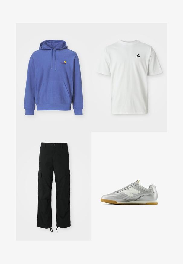 Blue cotton hoodie with a front pocket, adjustable drawstring hood, and a small embroidered logo on the chest. Soft texture and casual fit.; White short-sleeve T-shirt with a small black triangle logo containing "acg" on the left chest, plain background.; Black cargo pants made of durable fabric, featuring two side pockets, a button closure, and adjustable hems for a loose, relaxed fit.; Silver athletic shoe with a smooth, shiny surface, white logo on the side, textured gray laces, and a gum rubber sole.