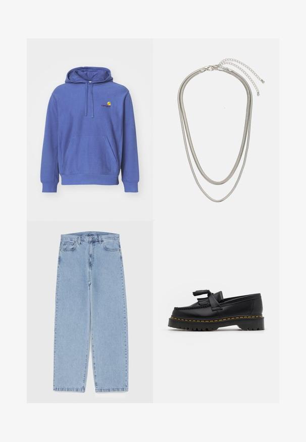 Sudadera de algodón azul con un bolsillo frontal, capucha ajustable con cordón y un pequeño logo bordado en el pecho. Textura suave y corte casual.; Jean de mezclilla azul claro con diseño de pierna recta, con una cintura de altura media, cinco bolsillos y un cierre de botón y cremallera.; Mocasín de cuero negro con un acento de borlas, que presenta una suela gruesa negra y costuras amarillas a lo largo del borde. Acabado texturizado.; Collar de metal plateado de tres capas que presenta cadenas flexibles y elegantes con un ligero brillo, asegurado con un cierre de langosta y cadena ajustable.