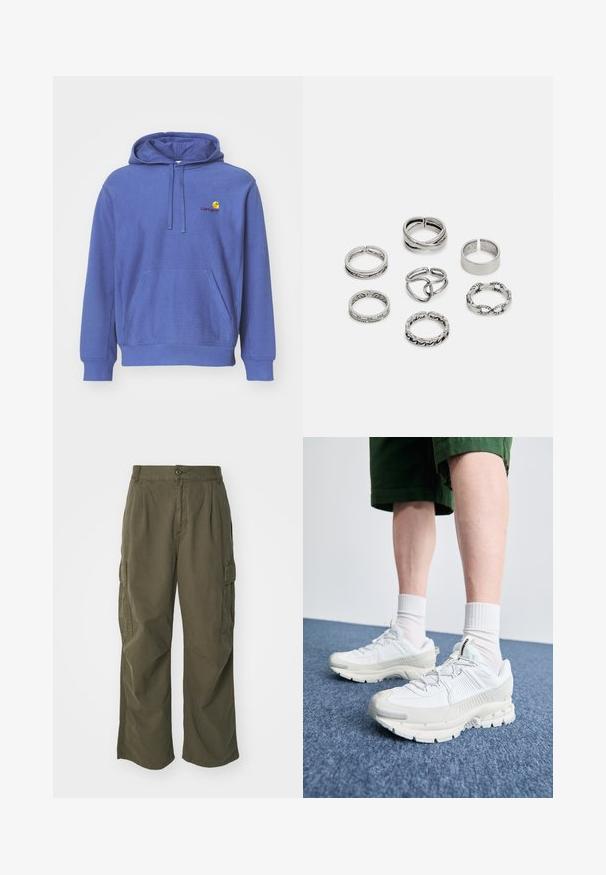 Hanorac din bumbac albastru, cu o buzunare frontală, glugă cu șnur reglabil și un mic logo brodat pe piept. Textură moale și croială lejeră.; Pantaloni cargo de culoare verde oliv, din bumbac, cu un design cu picioare largi, plii și buzunare laterale pentru utilitate.; Pantofi sport albi cu suprapuneri texturate, talpă masivă și accente gri. Purtați cu șosete albe până la glezne și pantaloni scurți verzi pe o suprafață albastră.; Set de șapte inele din argint cu diverse modele, inclusiv modele răsucite, legate și gravate. Forme și lățimi diferite.