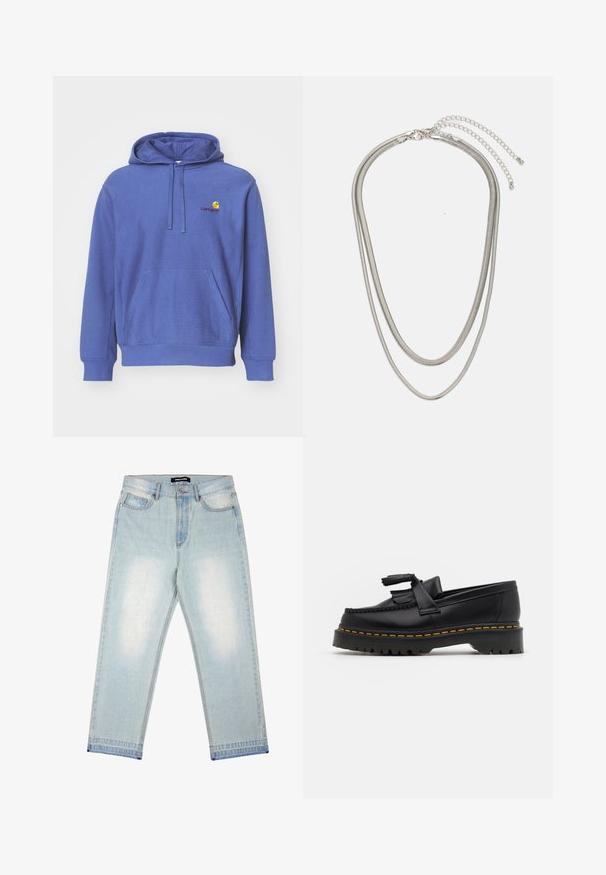 Blauwe katoenen hoodie met een voorzak, verstelbare trekkoordcapuchon en een klein geborduurd logo op de borst. Zachte textuur en casual pasvorm.; Pegador BARROW - Wijde jeans - sand washed blue; Zwarte leren loafers met een franjesaccent, voorzien van een dikke zwarte zool en gele stiksels langs de rand. Gevoelige afwerking.; Driedelige zilveren metalen halsketting met slanke, flexibele kettingen met een lichte glans, beveiligd met een karabijnhaak en een verstelbare ketting.
