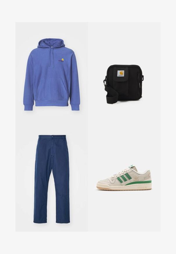 Hoodie in cotone blu con tasca frontale, cappuccio regolabile con cordino e piccolo logo ricamato sul petto. Texture morbida e vestibilità casual.; Pantaloni dritti blu navy in cotone. Presentano una chiusura frontale con bottone e una trama sottile, con tasche laterali e passanti per cintura.; Sneaker Adidas con tomaia in pelle beige, strisce verdi e suola in gomma. Presenta una collare imbottito e punte perforate per la traspirabilità.; Borsa a tracolla nera con un compartimento principale con zip, tasca frontale, tracolla regolabile e una patch del logo visibile sul risvolto.