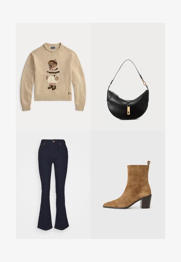 Béžový pletený svetr s vyšitým medvědem v bílém oblečení s hnědými doplňky a botami. Hladké manžety a lem. Na boku vyšité "R.L.".; Marks & Spencer Eva - Džíny Bootcut - blue denim; Hnědé semišové kotníkové boty s špičatou špičkou a masivním černým podpatkem, prezentované na neutrálním pozadí.; Černá kožená kabelka ve tvaru půlměsíce. Obsahuje zlaté kovové detaily a úzký popruh. Hladký povrch, zapínání na zip na vrchu.