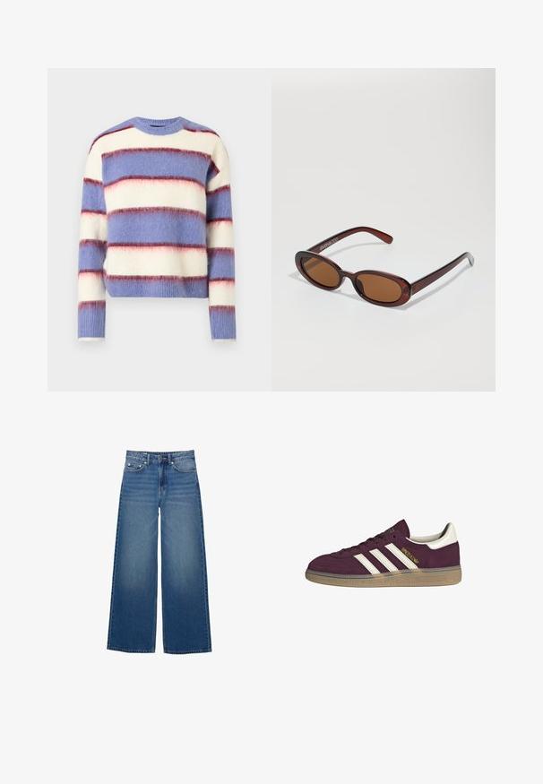 Csíkos pulóver világoskék, krémszínű és piros árnyalatokban. Puha, bolyhos textúra, kerek nyakkal és hosszú ujjakra tervezve. Rövid fazon.; Széles lábú, farmertből készült kék nadrág, magas derékkal, varrásokkal és egy egyszerű, enyhe koptatással.; Burgundi velúr sportcipő fehér három csíkkal és bézs díszítéssel. Jellemzője a texturált gumitalp és az arany logó az oldalon.; Kerek, barna árnyalatú napszemüveg fényes burgundi kerettel. Karcsú karok diszkrét márkázással. Lapos lencse kialakítás.; Barna szőtt bőr kézitáska, amely laza, háromszög alakú. Fonott füllel és felső cipzárral rendelkezik.