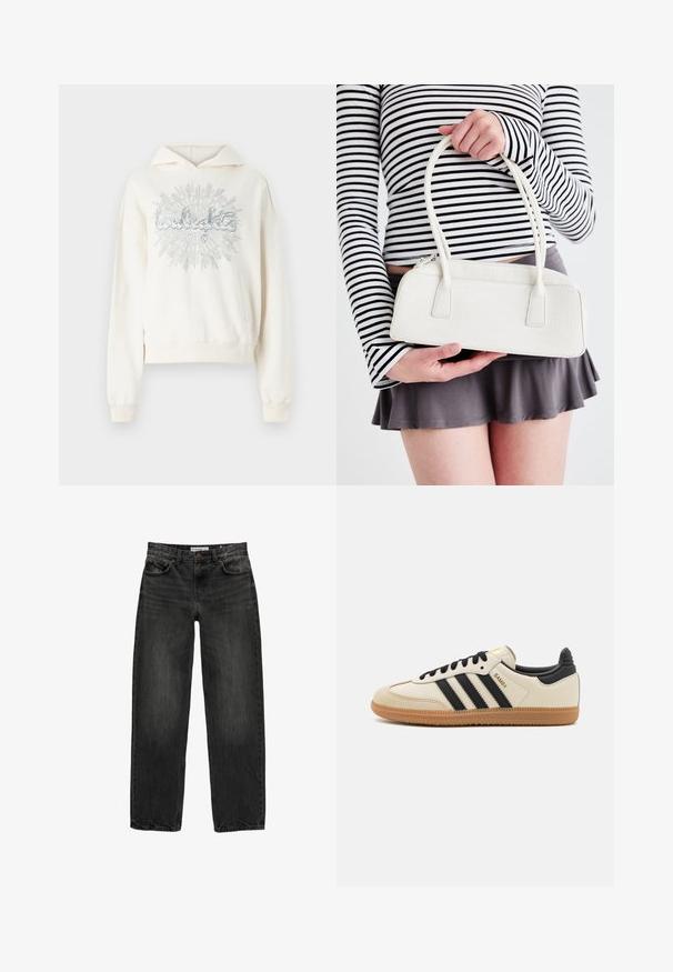 Krémová mikina s kapucí, vyrobená z měkké tkaniny, s textovým designem z přírodního třpytu uprostřed a přední kapsou.; Černé džíny z denimu se uvolněným střihem, rovnými nohavicemi, pětikaškovým designem a lehce vybledlým vzhledem. Zapínání na knoflík a zip v přední části.; Beige sportovní obuv s černými pruhy, gumovou podešví a černými akcenty. Disponuje hladkým koženým svrškem a zaobleným tvarem špičky.; Bílá kabelka s krokodýlím vzorem, s dvěma uchy, obdélníkového tvaru a se zipem. Je vystavená na světlém pozadí.
