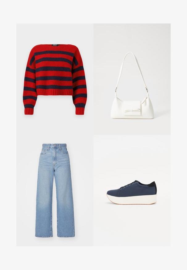 Red and navy striped cropped sweater with a ribbed hem and long sleeves, made from soft knit material. Label reads "ONLY."; Light blue high-waist wide-leg jeans with front button and zip closure, front and back pockets, on a white background.; Navy blue sneaker with a textured fabric upper, white platform sole, rounded toe, and black heel accent. Features six eyelets for laces.; White synthetic handbag with a triangular shape, flat front flap and bow detail, adjustable strap, smooth texture, and minimalistic design.