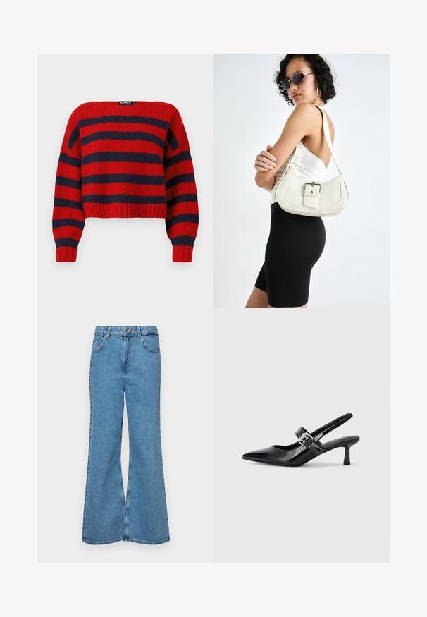 Punane ja tumesinine triibuline lühike sviiter ribakumerdusega ja pikkade varrukatega, valmistatud pehmest kudumaterjalist. Silt ütleb "ONLY."; Heledad sinine flared teksade rõivad, millel on kõrge talje, viis taskut ja üks nupulukk. Pehme tekstuur ja pleekinud viimistlus.; Mustad patenteeritud nahast sildiga kontsad, millel on terav nina ja väike plokk-konts, mille rihmal on hõbedane pandla aksessuaar.; Valge nahast käekott, millel on kõver kuju, reguleeritav rihm ja väike nööbiga detail. Mudel kannab sobivat musta kostüümi.