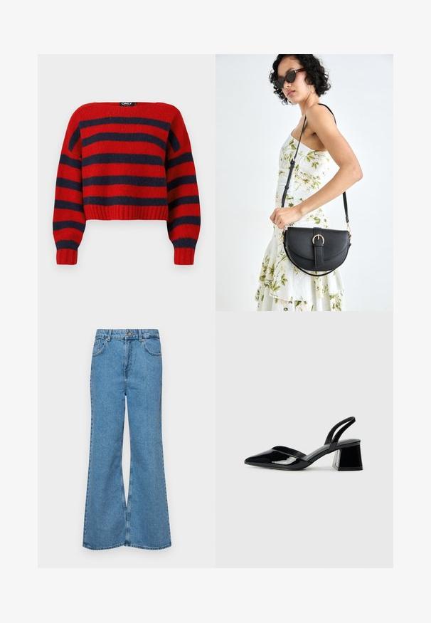 Rood en marineblauw gestreepte cropped trui met een geribde zoom en lange mouwen, gemaakt van zachte breimateriaal. Etiket leest "ONLY."; Lichtblauwe flared jeans van denim, met een hoge taille, vijf zakken en een enkele knoopsluiting. Zachte textuur met een vervaagde afwerking.; Zwarte gepatineerde leren slingback hakken met een spitse neus en een geometrische blokhak. Kenmerkt zich door een slank, minimalistisch ontwerp en een gladde textuur.; Zwarte leren handtas met een gebogen vorm, afneembare schouderband en gouden hardware. De tas heeft een klep met een gespsluiting.