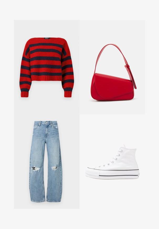 Rood en marineblauw gestreepte cropped trui met een geribde zoom en lange mouwen, gemaakt van zachte breimateriaal. Etiket leest "ONLY."; Lichtblauwe, hooggeritste jeans van denim. Beschikken over wijde pijpen, twee gescheurde knievalken en klassieke vijfzakken styling.; Witte high-top canvas sneakers met een zwarte rubberen zool, een rubberen neuskap aan de voorkant en zes gaatjes voor veters, met een schone, minimalistische uitstraling.; Rode leren handtas met een hoekig, geometrisch ontwerp. Beschikt over een enkele verstelbare schouderriem en een klepclosure met gestikte details.