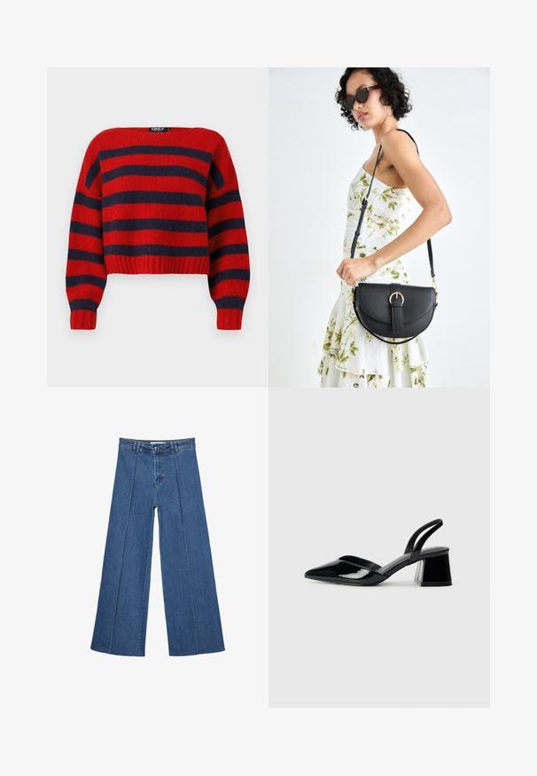 Cropped pulover u crvenoj i mornarskoj prugastoj boji s rebrastim rubom i dugim rukavima, izrađen od mekog pletiva. Na oznaci piše "ONLY."; Široke traperice u srednje plavoj boji, s visokim strukom, zatvaranjem na dugme i kontrastnim vertikalnim šavovima duž prednje strane.; Crne lakirane kožne sandale s otvorenom petom i špicastim vrhom, s geometrijskom blok petom. Imaju elegantan, minimalistički dizajn i glatku teksturu.; Crna kožna torba s lukovitim oblikom, odvojivim remenom i zlatnim detaljima. Torba ima preklop s kopčom.