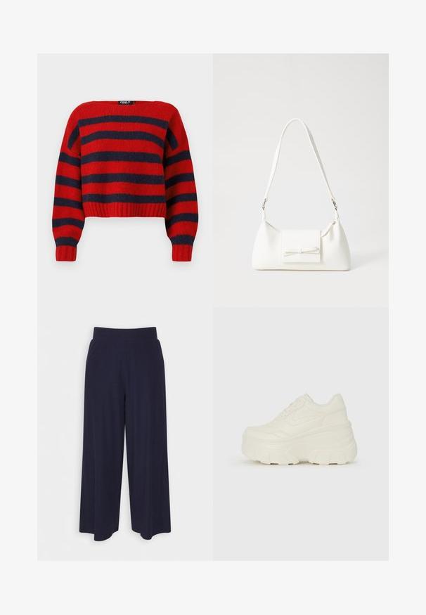 Sarkanais un tumši zils svītrains īss džemperis ar ribotu apakšmalu un garām piedurknēm, izgatavots no mīksta adījuma materiāla. Etiķete ar uzrakstu "ONLY."; Platas kājas bikses tumši zilā audumā ar svītrainu tekstūru. Aprīkotas ar gludu jostasvietu un plūstošu siluetu, sasniedzot vidus teļus.; Baltie platformas sporta apavi, kas izgatavoti no gludas mākslīgās ādas, ar noapaļotu formu, mīkstu apkakli un teksturētu gumijas zoli ar izteiktiem rakstiem.; Balta sintētiska soma ar trīsstūrveida formu, plakanu priekšējo vāciņu un loku detaļu, regulējamu siksnu, gludu tekstūru un minimālistisku dizainu.