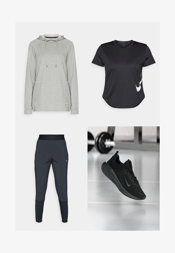 Siva kapuca s dolgimi raglan rokavi, s prošnjo za zategovanje pri izrezu, rebrasti manšeti in logotipom blizu roba.; Črna atletska majica s kratkimi rokavi, z belim Nike swoosh logotipom na spodnji strani in okroglo obrobo.; Nike športne hlače v temno sivi barvi, s taperiranim krojem, elastičnim pasom in dodatnimi detajli blizu manšet.; Črne športne teniske z logotipom Nike, prikazane v zraku na telovadni talni površini, v ozadju pa zamegljena vrsta uteži.