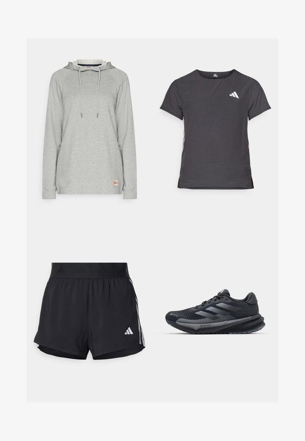 Sivi dukserica s kapuljačom, dugim raglan rukavima, pertlom na dekolteu, rebrastim manžetama i logom pri donjem rubu.; Majica kratkih rukava za sport, tamno siva s perforiranim uzorkom. Ima bijeli logo i kontrastne bočne pruge. Zaobljeni izrez.; Crne atletske kratke hlače s elastičnim pojasom, s teksturiranim pojasom, bočnim prugama i bijelim Adidas logotipom na donjem rubu.; Crne atletske cipele s teksturiranim mrežastim gornjim dijelom, reflektirajućim detaljima, ublaženim potplatom i aerodinamičnim dizajnom. Sadrži logo s tri pruge.