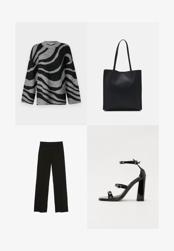 Gray and black sweater featuring a zebra stripe pattern, made from soft fabric with a round neckline and wide sleeves.; Black wide-leg trousers made from a smooth fabric, featuring a fitted waistband and subtle front pleats for added texture.; Black patent heeled sandals with a square toe, ankle straps, and silver buckles. Features a chunky block heel for stability.; Black leather tote bag with smooth texture, rectangular shape, and two long handles. No visible hardware or embellishments.