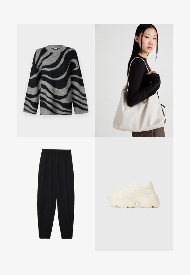 Siva i crni pulover s uzorkom zebra pruga, izrađen od mekog materijala s okruglim izrezom i širokim rukavima.; Crne, lagane hlače s elastičnom stražnjom pasicom i naboranim gležnjevima. Tkanina je glatka i ima opušteni, suženi dizajn.; Masivne bijele tenisice od teksturirane mreže i sintetičkih materijala, sa debelim potplatom i složenim uzorcima duž strana.; Bežna torba od mekog materijala s opuštenim dizajnom, šivanim detaljima i dva remena za rame. Pogodna za svakodnevnu upotrebu.