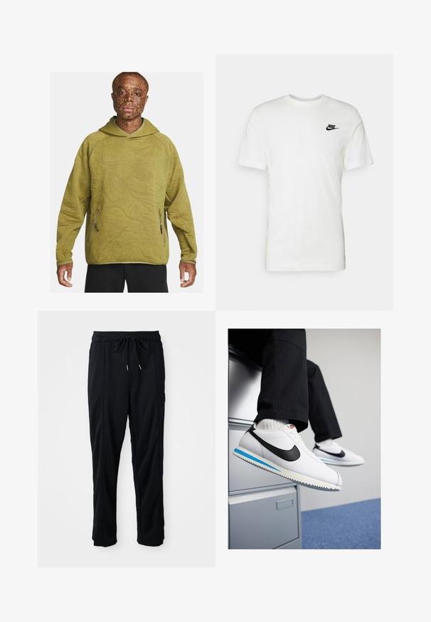 Olive green hoodie with a textured pattern, featuring a kangaroo pocket and zippers on the sides. Made of soft, durable fabric.; White cotton t-shirt with short sleeves, round neckline, and a black Nike logo on the left chest area. Smooth texture and classic fit.; Black drawstring waist casual pants with side seam pockets and straight leg cut on a plain background.; White leather sneakers with a black Nike swoosh, light blue and grey rubber sole, and classic lace-up design. Feet resting on a filing cabinet.