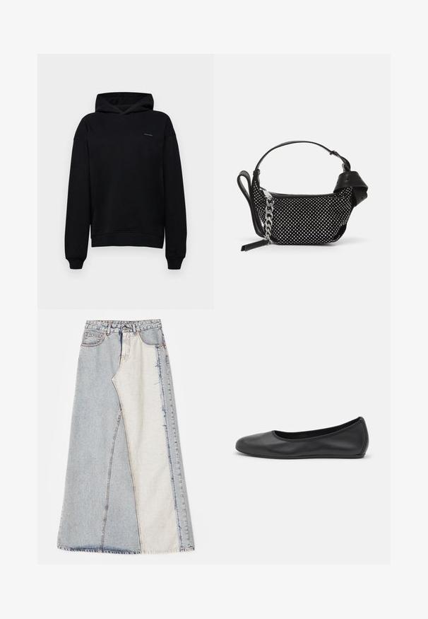 Fekete kapucnis pulóver klasszikus dizájnnal, puha anyagból készült. Elöl zsebével, bordázott mandzsettákkal és egy kis logóval rendelkezik a mellrészen.; Farmernadrág szoknya foltos mintázattal, világos és közép kék színű részekkel, rojtos szegéllyel és magas derékkal. Klasszikus öt zsebes stílus.; Fekete bőr balettcipő lekerekített orral, sima tekstúrával, minimális varrással és rugalmas talp kialakítással.; Fekete kézitáska szegecses díszítéssel, láncos pánttal és sima bőr fogantyúval, lekerekített formával és cipzáras rekesszel.