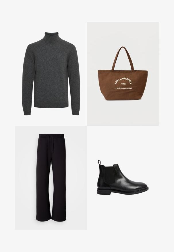Suéter de cuello alto en gris oscuro, hecho de un material de punto suave; presenta mangas largas y un cuello acanalado con una textura suave en todo su cuerpo.; Pantalones de chándal negros hechos de material suave, con cintura elástica ajustable, corte holgado y diseño de pierna recta. Estilo minimalista sin patrones.; Botín Chelsea de cuero negro con panel elástico lateral, punta redondeada, lengüeta en la parte posterior y un tacón bajo apilado. Superficie lisa y pulida.; Bolsa tote de lona marrón con dos asas, con texto impreso en blanco "KARL LAGERFELD PARIS 21 RUE ST-GUILLAUME." Diseño sencillo y forma espaciosa.
