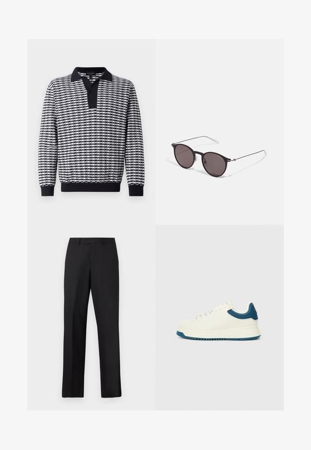 Mustvalge mustriga pikka varrukaga pullover koos kraega, millel on nööbiplokk ja ribatakid hemil ja varrukatel.; Mustad, sirge lõikega püksid, mis on valmistatud siledast kangast. Omavad tavalist vöökirja ja puuduvad nähtavad mustrid või aksendid.; Valged tossud sileda viimistlusega, sinised tekstuuriga aktsendid krae ümber ja paks tall. Omavad ümmarguseid paelu ja madalat disaini.; Mustad mustad prillid tumedate läätsedega ja õhukeste metallist käepidemetega. Kaarja kujuga seljaosa ja hõbedased aktsendid hingel. Minimalistlik disain.