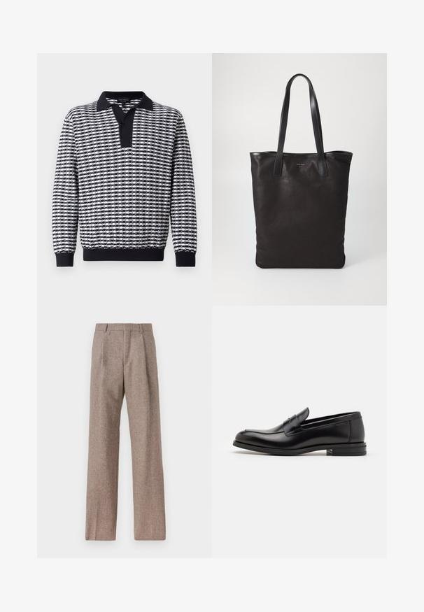 Pitkähihaisen, mustavalkoraidoitetun villapuseron, jossa on kaulus, napitus ja resorit helman ja hihojen kohdalla.; Ruskejat, korkeavyötäröiset housut, jotka on valmistettu teksturoidusta kankaasta. Ominaisuuksina ovat leveät lahkeet ja kaksi etupuolelle ommeltua laskosta rakenteen tukemiseksi. Siisti viimeistely ilman näkyvää metalliosaa.; Mustat nahkakengät, joissa on sileä pinta, pyöreä kärki ja koristeellinen nauha jalkapöydän yli. Matala pinoitu koroke, minimalistinen muotoilu.; Mustat kangaskassit mustilla nahkahandleilla. Yksinkertainen muotoilu, tilava runko ja sileä pinta. Ei näkyviä logoja tai kuvioita.