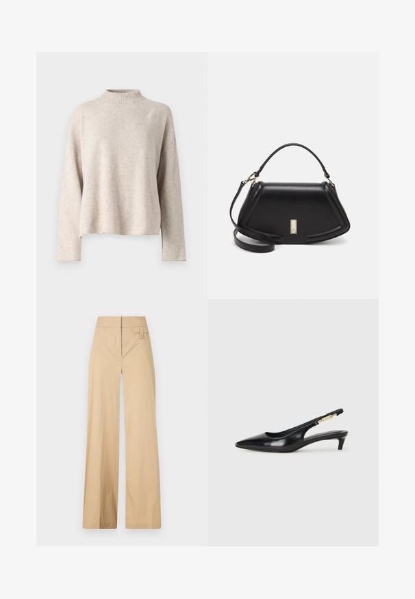 Beige stickad tröja med hög krage, sänkta axlar och långa ärmar. Mjuk textur och avslappnad passform. Inga synliga mönster eller detaljer.; Beiga vida byxor i bomullsmix. Har en slät yta, elastisk midja och en sidoknappdetalj.; Svart läder slingback-hälar med spetsig tå, med en smal klack och en guldtonad detalj på den justerbara remmen. Slät textur.; Svart läderhandväska med en strukturerad design, som har en avskuren form, ett handtag upptill och guldiga detaljer. Justerbar axelrem ingår.