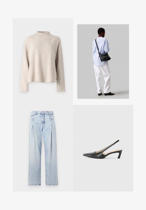 Beez värvi kudumiga sviiter kõrge kaelusega, langenud õlgade ja pikkade varrukatega. Pehme tekstuur ja lõdvestatud istuvus. Ilma nähtavate mustrite või riistadega.; Heledad sinise denimist valmistatud teksapüksid kõrge vöökohaga, laia jala lõikega, kahe külje taskuga ja pleedi disainiga. Pehme tekstuur ja pleekinud viimistlus.; Must mustaga, terav varvas, madala kontsaga sildiga king, mis on valmistatud siledast nahast ja mille küljel on lõike disain hingavuse tagamiseks.; Must have mustras alasi nahkpatsi, pehme tekstuuriga, kolmnurkse kujuga ja reguleeritava rihmaga, koos helesinise triibulise särgi ja valgete pükstega.