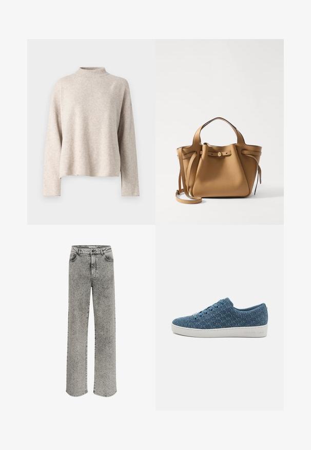 Beiger Strickpullover mit hohem Kragen, überschnittenen Schultern und langen Ärmeln. Weiche Textur und lockere Passform. Keine sichtbaren Muster oder Beschläge.; Graue Denim-Jeans mit geradem Bein, verziert mit silbernen Nieten. Mit einem klassischen Fünf-Taschen-Stil und Knopfverschluss.; Blaue strukturierte Leinensneaker mit einer weißen Gummisohle, ausgestattet mit sechs blauen Ösen und einem Logo auf der Ferse. Entworfen in einer Low-Top-Silhouette.; Tory Burch ROMY PEBBLED SATCHEL - Handtasche - tiramisu
